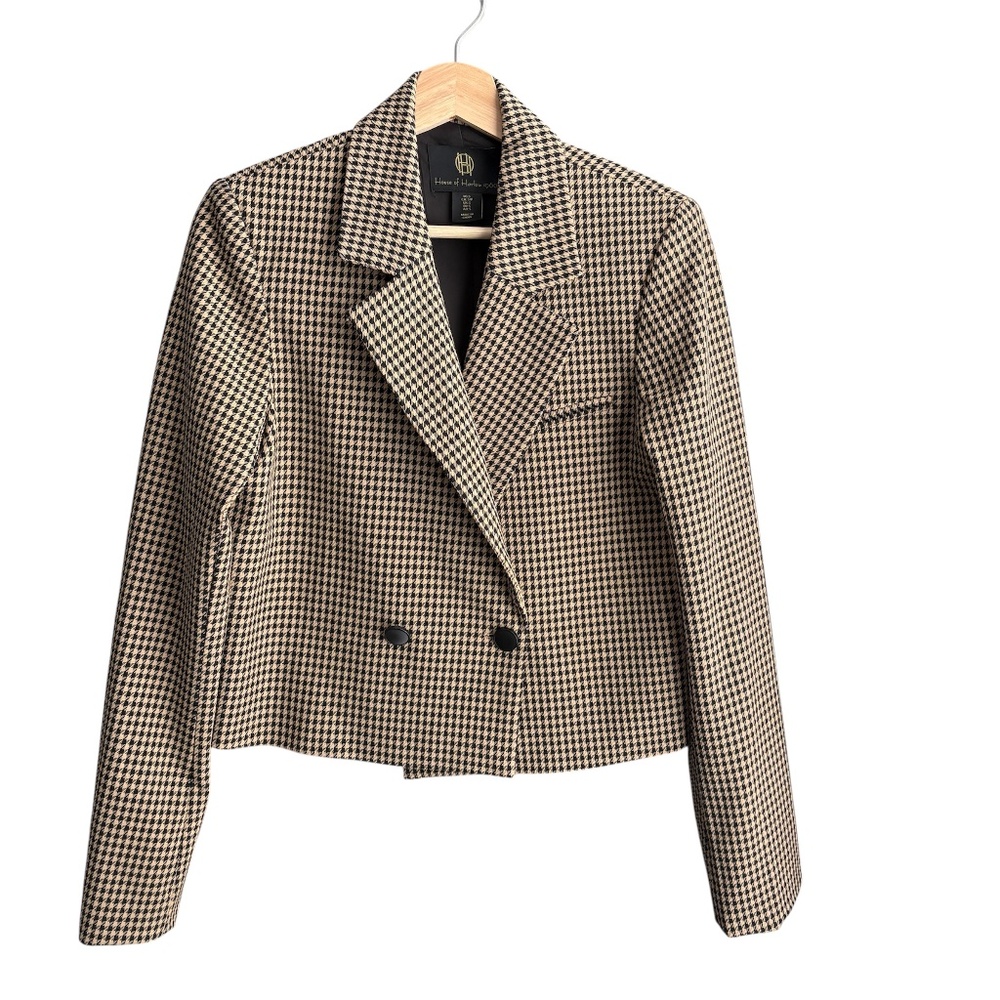 House of Harlow 1960 Notch Lapel Houndstooth Cropped Blazer Size S Casual Career